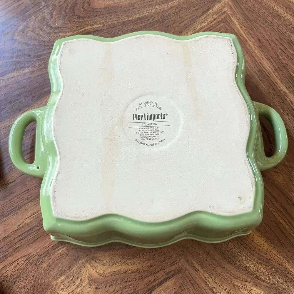 Pier 1 Talavera 2 Qt Stoneware With Lid Scalloped Sage Green Square